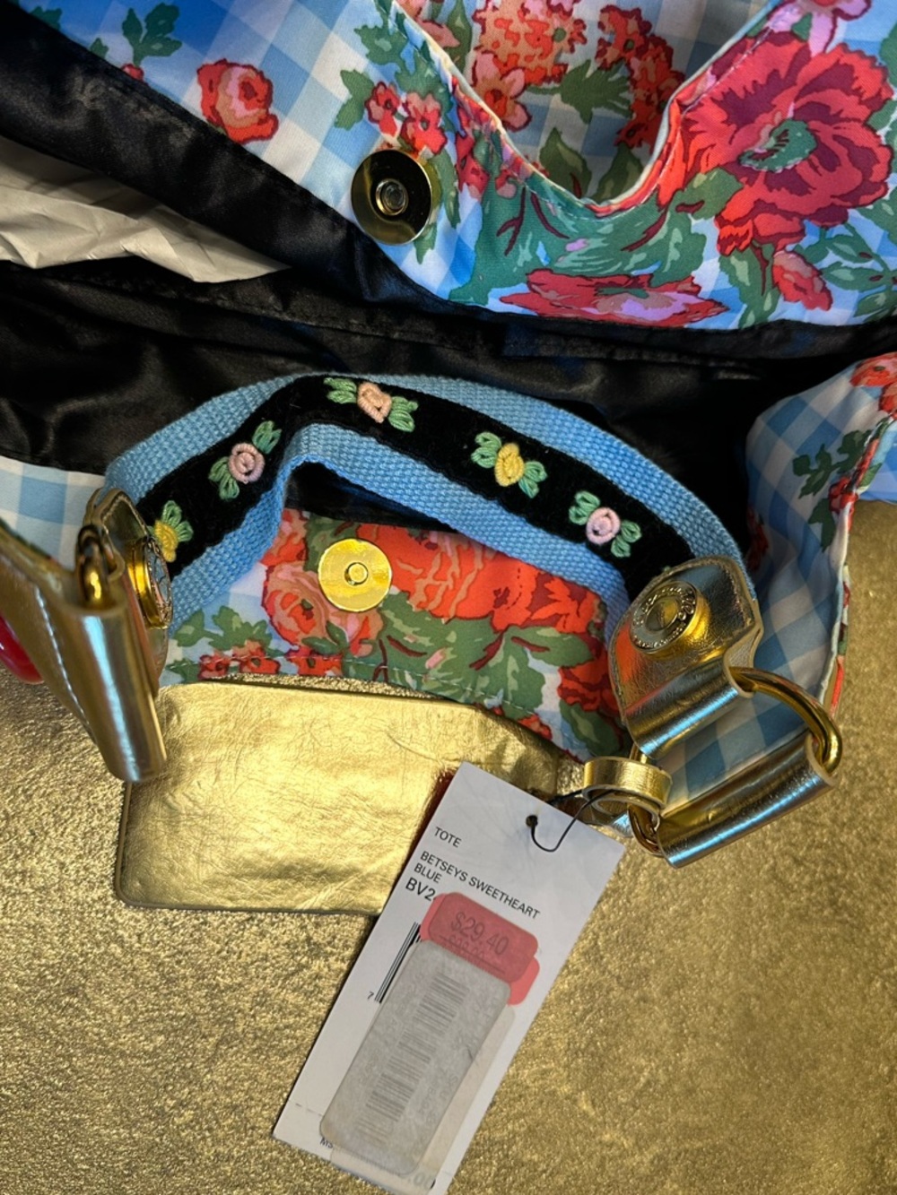 Betsey Johnson Betseyville Blue Gingham Floral Rose Heart Purse Bag Vintage NWT - Picture 6 of 7